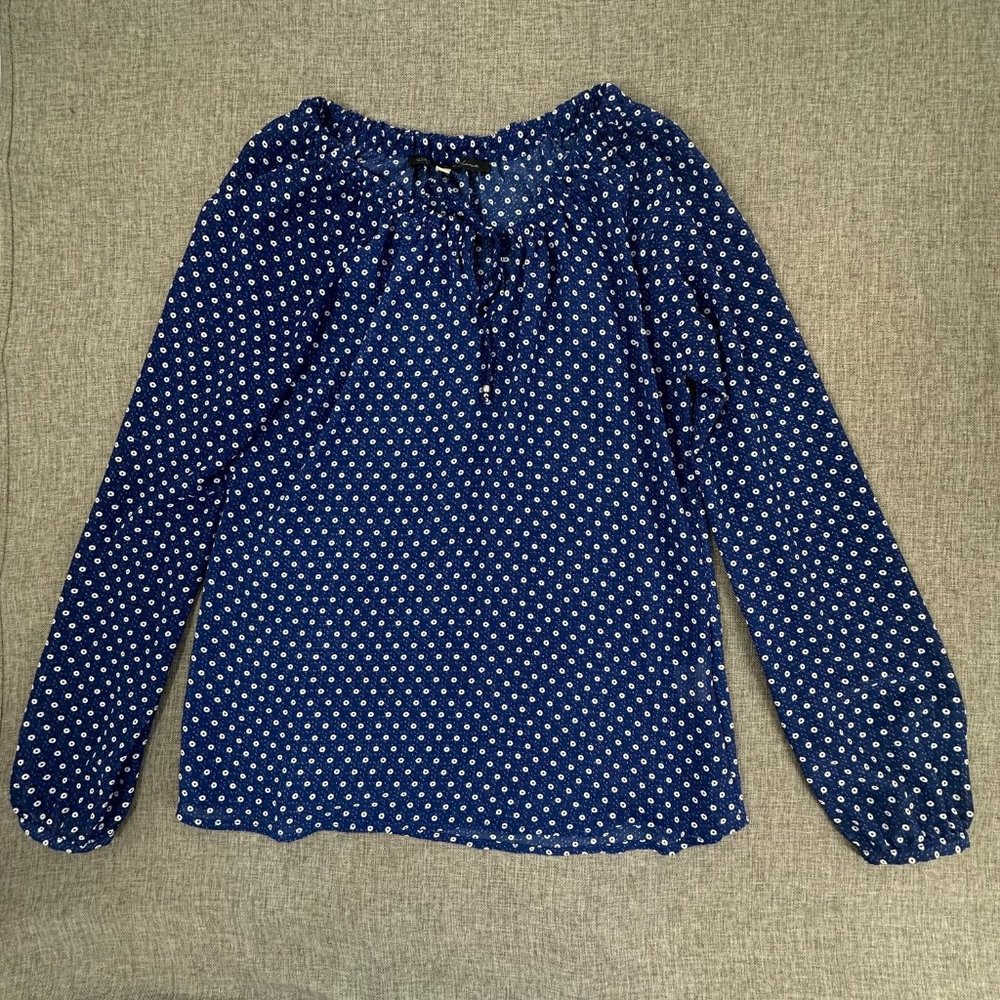 Rose & Olive Blouse Blue White Polka Dot Small‎ Polyester Lightweight Semi Sheer